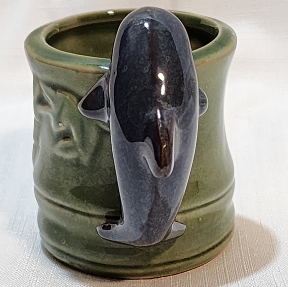 Glazed Pottery with Bamboo Design and Dolphin Handle Tealite Candle Holder - Picture 2 of 8